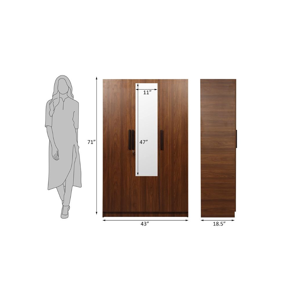 Aaram By Zebrs Wood 3 Door Wardrobe with Drawer & with Mirror - Teak Finish
