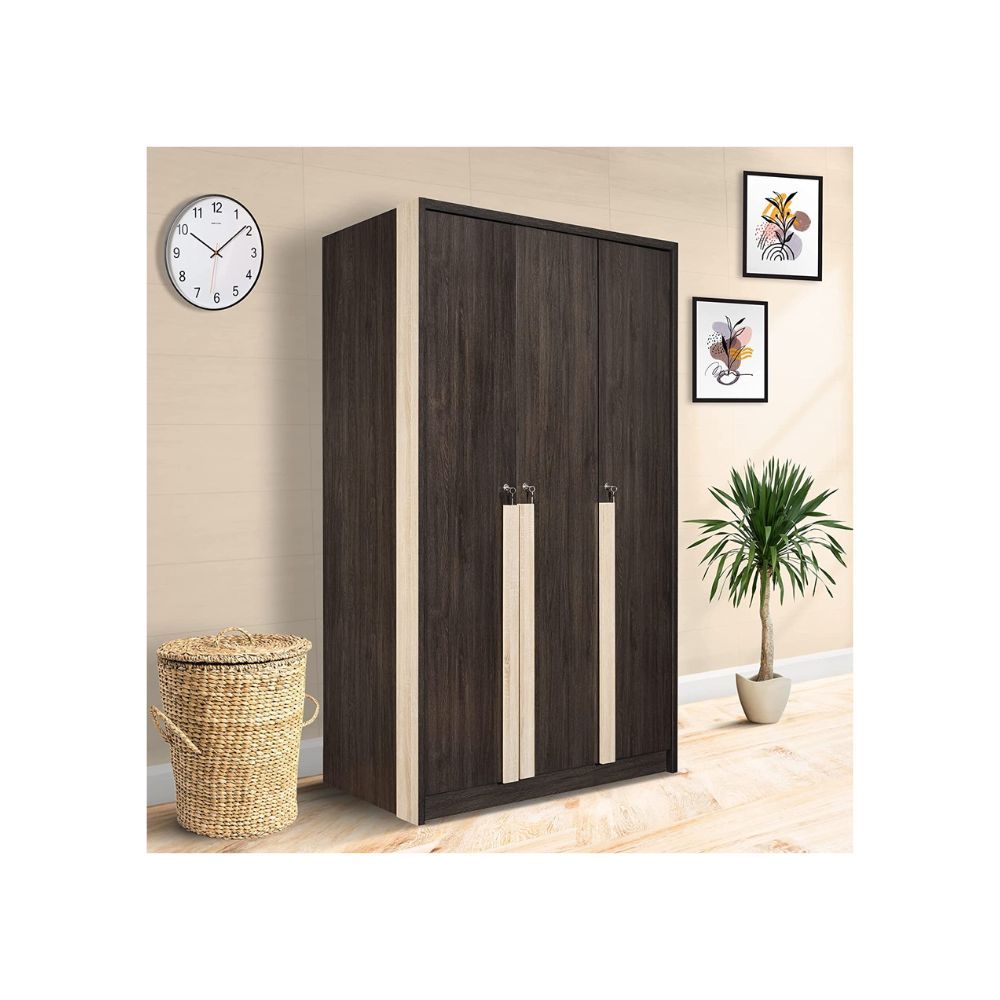 Aaram By Zebrs Wood Wardrobe, 3 Door, Dark Brown & White Oak (Matte Natural Wood Grain Finish, Termite Free, Non-Toxic Furniture