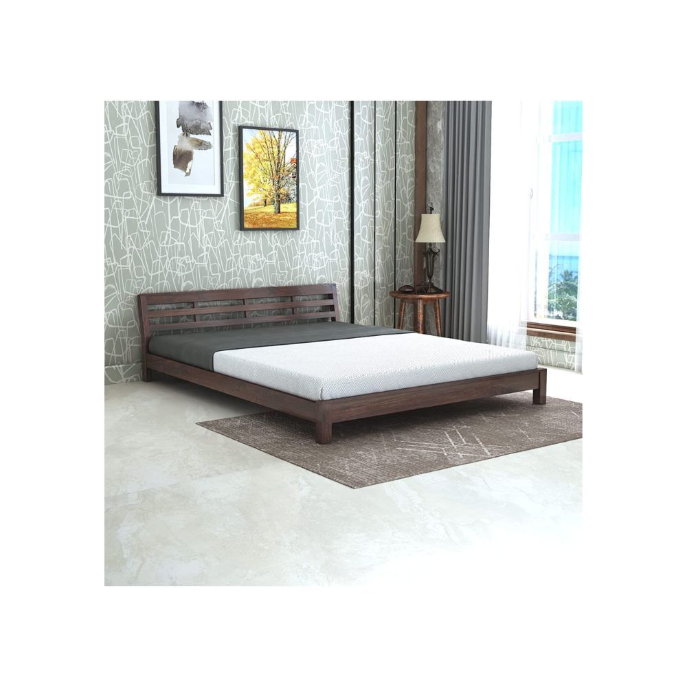 Aaram By Zebrs Wooden Queen Size Bed Without Storage | Solid Wood Double Bed Cot Low Height Bed for Bedroom Furniture | Sheesham Wood, Walnut Finish
