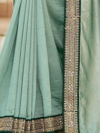 Abundant Pista Thread embroidered Vichitra Party Wear Saree(Un-Stitched)