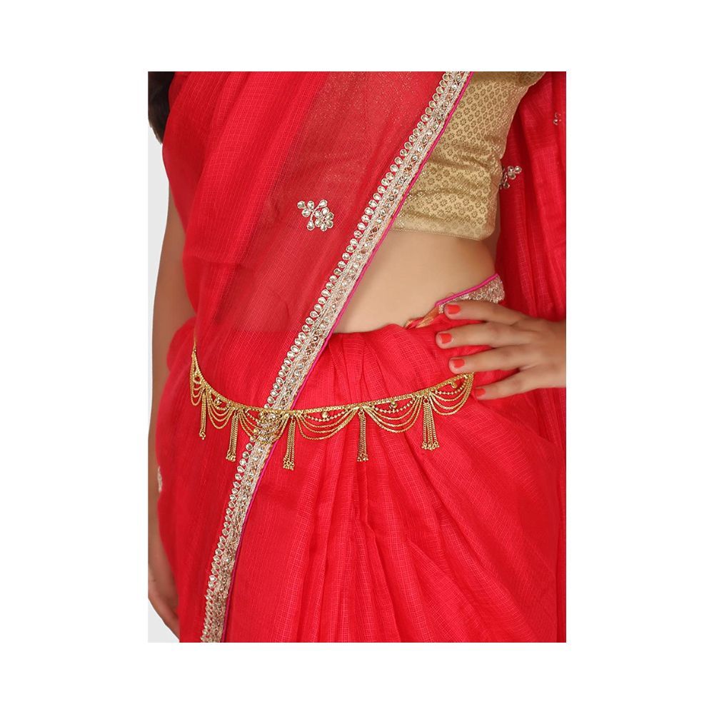 ACCESSHER Antique Traditional Kundan Tassle Kamarband Waist Belt for Women (Gold)