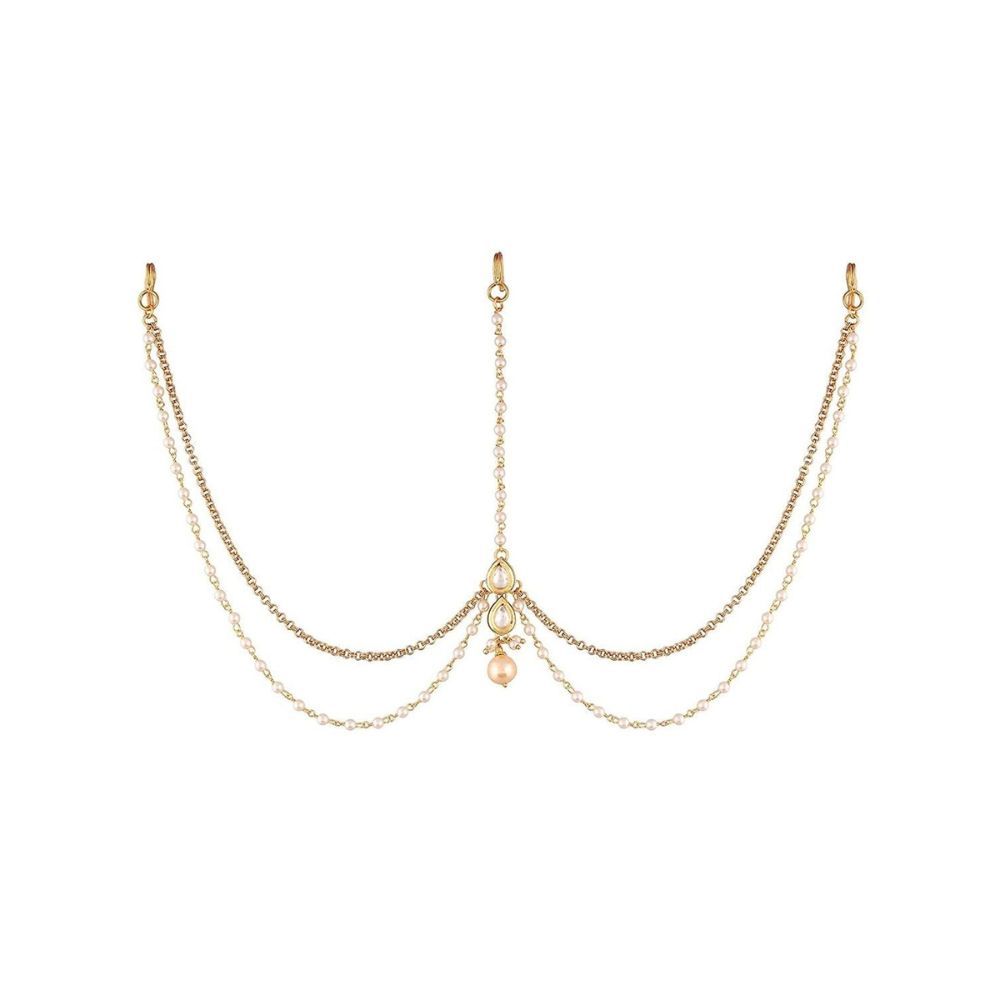 Accessher Gold Plated Indo Wester Style Inspired Delicate Vilandi Kundan and Pearls Embellished Mathapatti/Damini with Pearl Drop for Women
