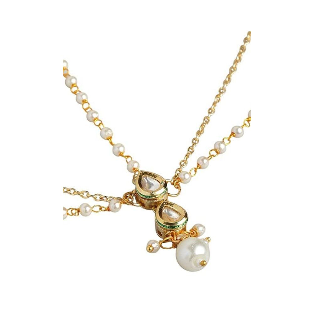 Accessher Gold Plated Indo Wester Style Inspired Delicate Vilandi Kundan and Pearls Embellished Mathapatti/Damini with Pearl Drop for Women