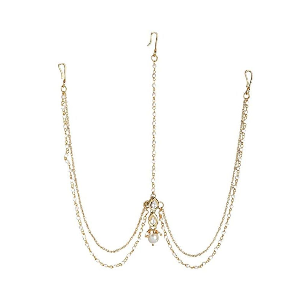 Accessher Gold Plated Indo Wester Style Inspired Delicate Vilandi Kundan and Pearls Embellished Mathapatti/Damini with Pearl Drop for Women