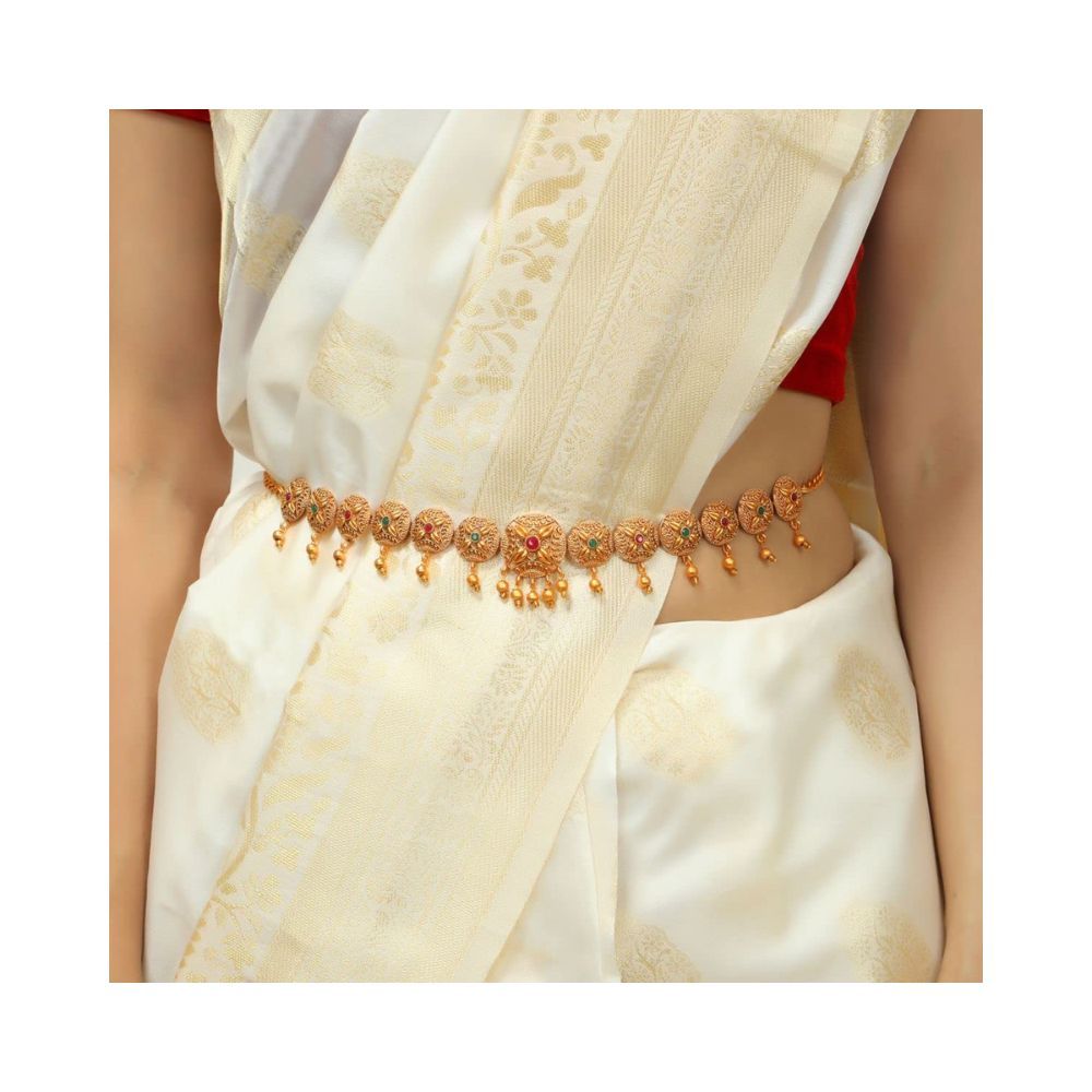 Accessher Gold Plated Stones Studded Waist Belt |Bridal Kamarbandh |Kamarpatta Red & Green