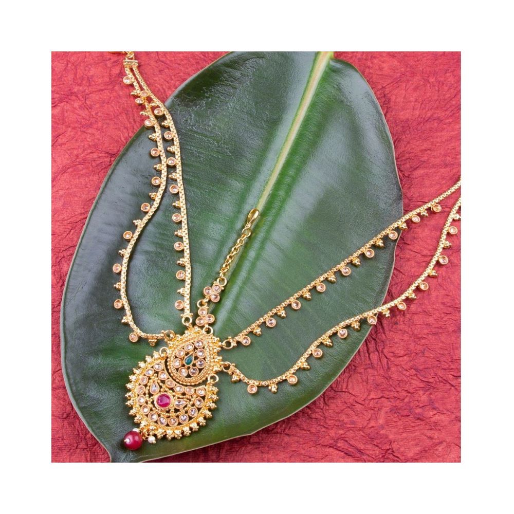 Accessher Gold Plated Traditional Sparkling Rhinestones Embellished Heavy Statement Bridal Mathappati