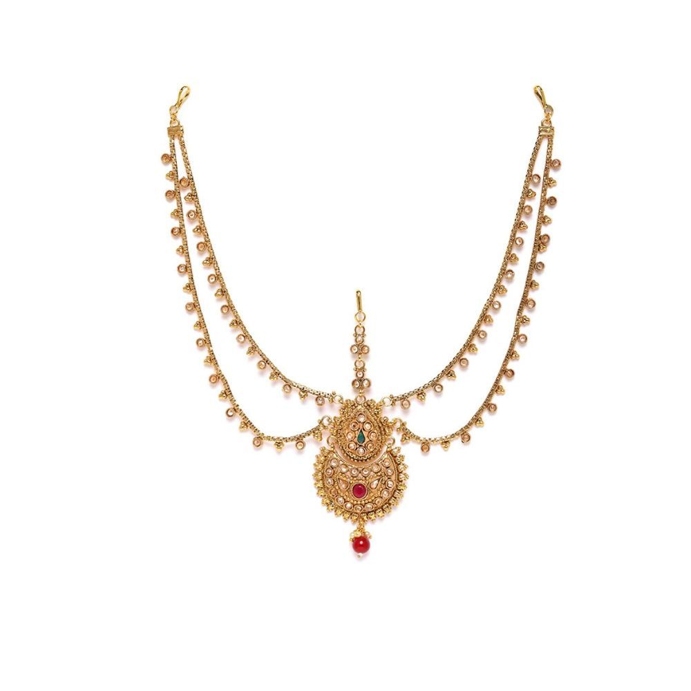Accessher Gold Plated Traditional Sparkling Rhinestones Embellished Heavy Statement Bridal Mathappati