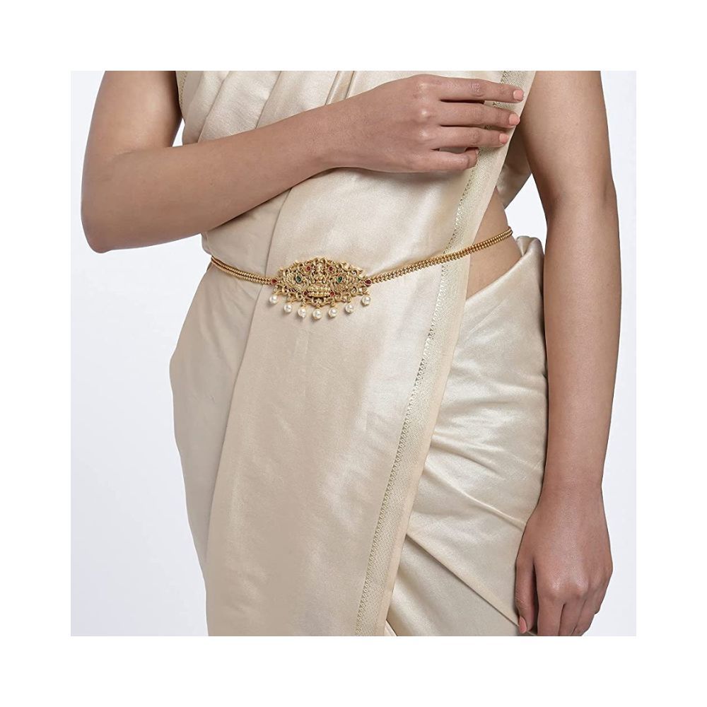AccessHer Gold-Toned & Ruby Artificial Stone Studded Matte Sustainable Kamarbandh for Women & Girls
