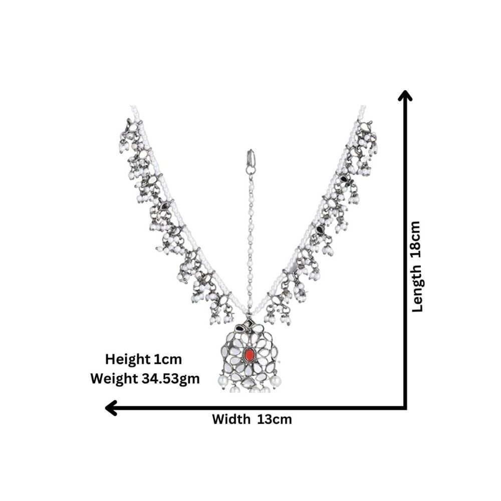 Accessher Silver-Plated Oxidised White Embellished With Mirror Kundan and Pearls Sheeshphool