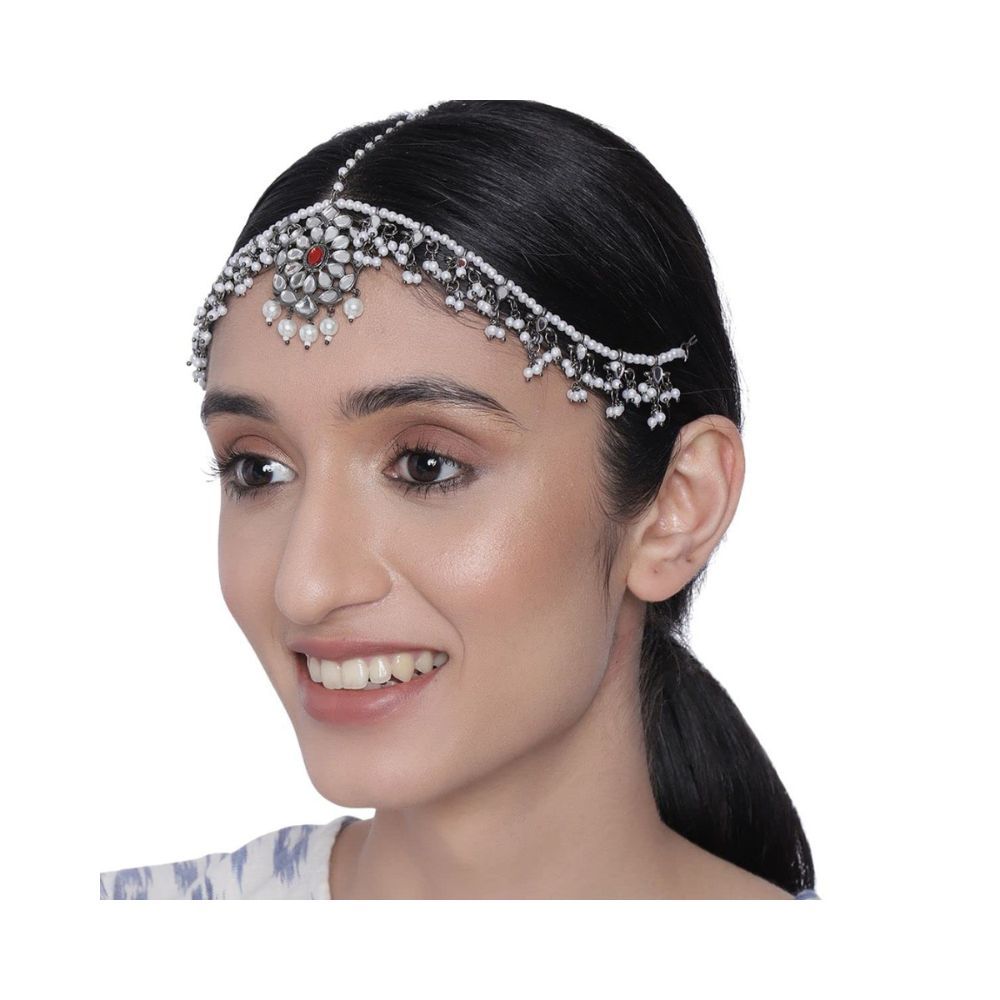 Accessher Silver-Plated Oxidised White Embellished With Mirror Kundan and Pearls Sheeshphool