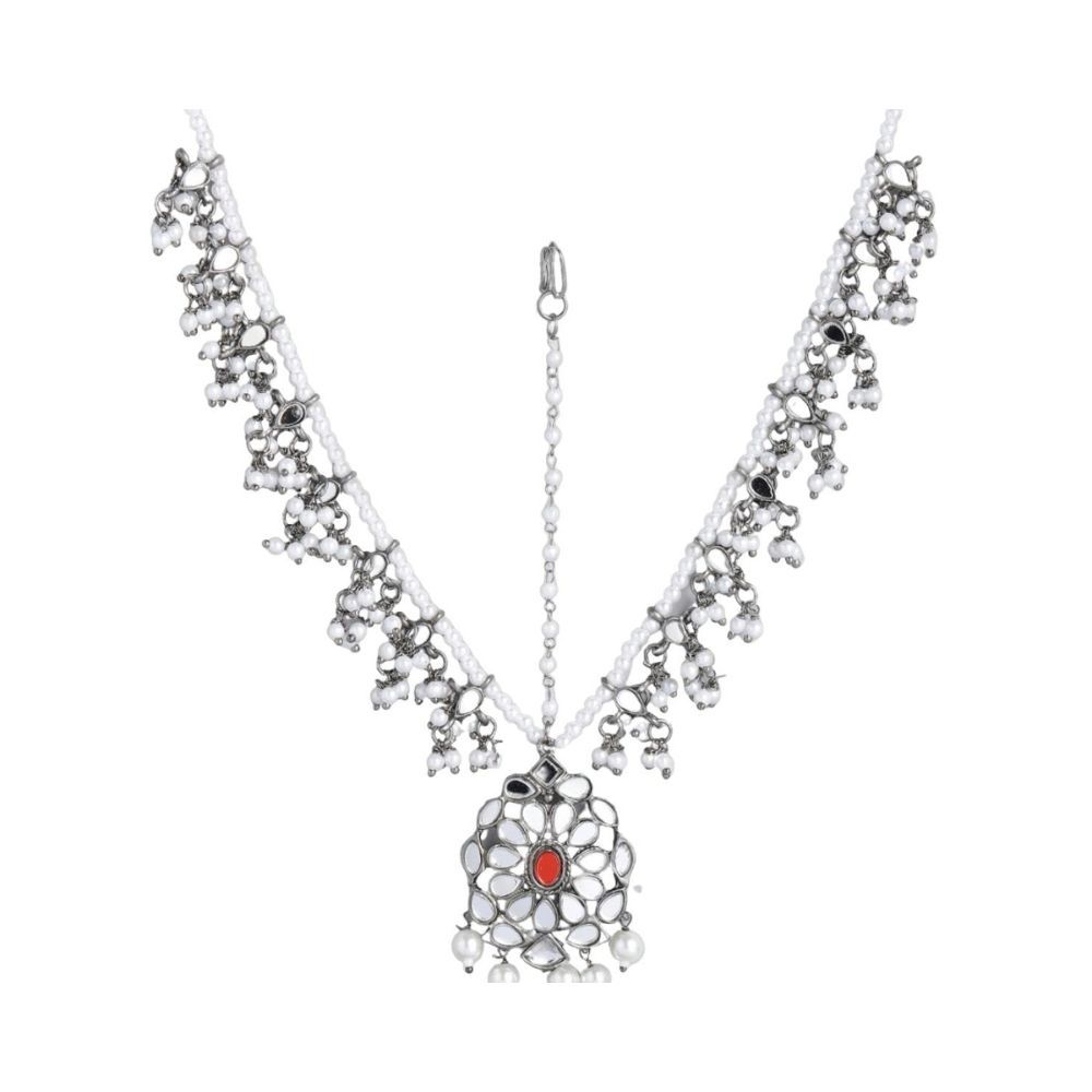 Accessher Silver-Plated Oxidised White Embellished With Mirror Kundan and Pearls Sheeshphool