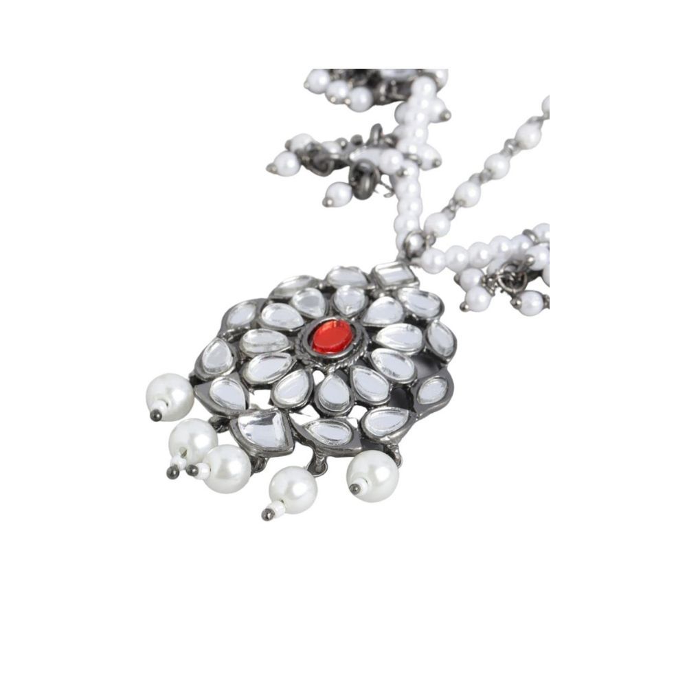 Accessher Silver-Plated Oxidised White Embellished With Mirror Kundan and Pearls Sheeshphool