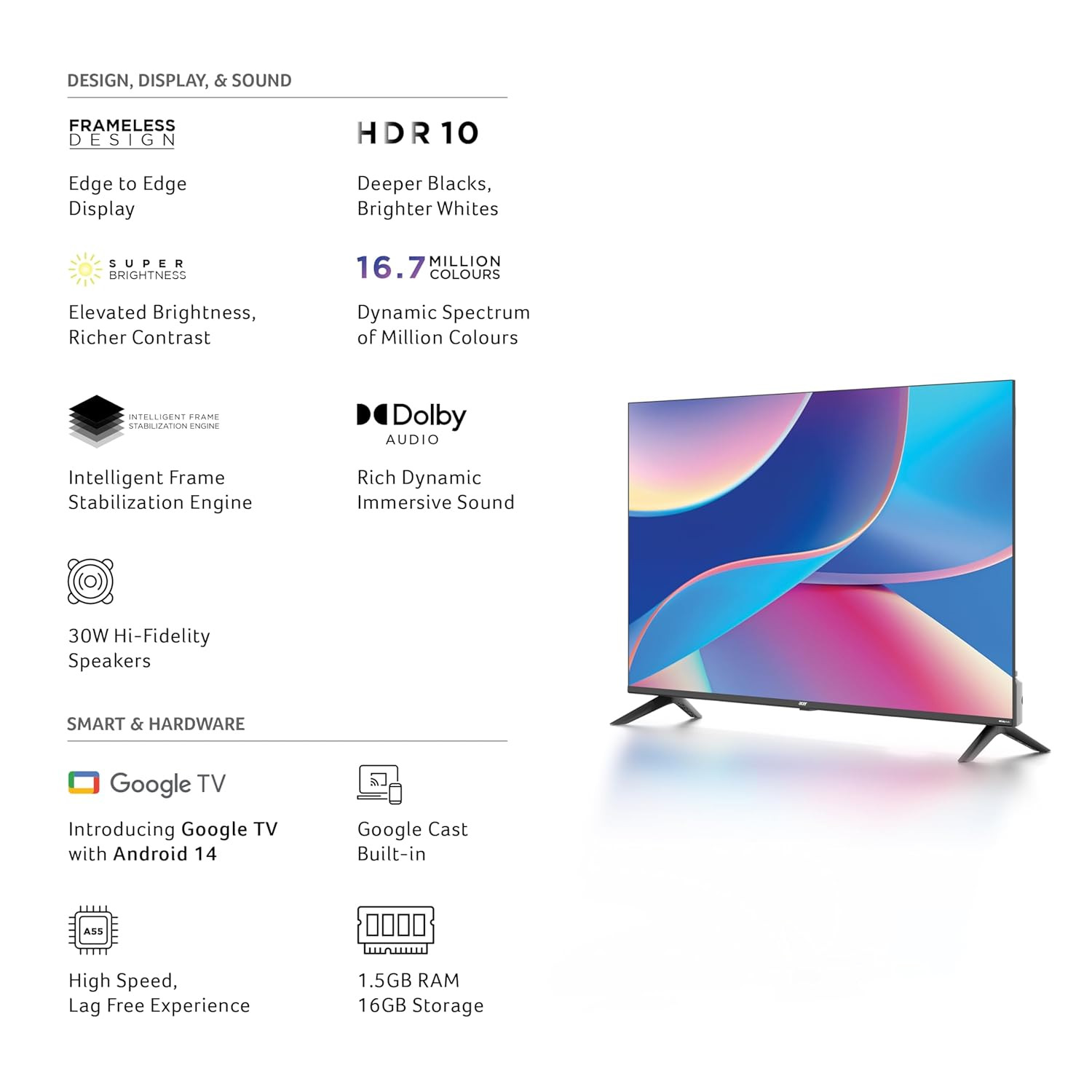 Acer 109 cm 43 inches I Pro Series Full HD Smart LED Google TV with Android 14 Black  16GB Storage  30W Dolby Audio