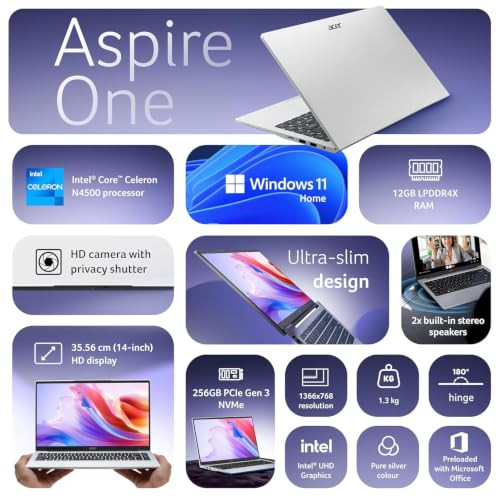 Acer Aspire 2026 Intel Celeron Dual Core N4500 - 12 GB256 GB SSDIntel UHD GraphicsWindows 11 Home Thin and Light Laptop140 HD DisplayPure Silver13 KgMS Office 2024 - Image 2