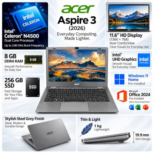 Acer Aspire 3 2026 Intel Celeron Dual Core N4500 - 8 GB256 GB SSDIntel UHD GraphicsWindows 11 Home Thin and Light Laptop116 HDSteel Grey10 KgMS Office 2024 - Image 2