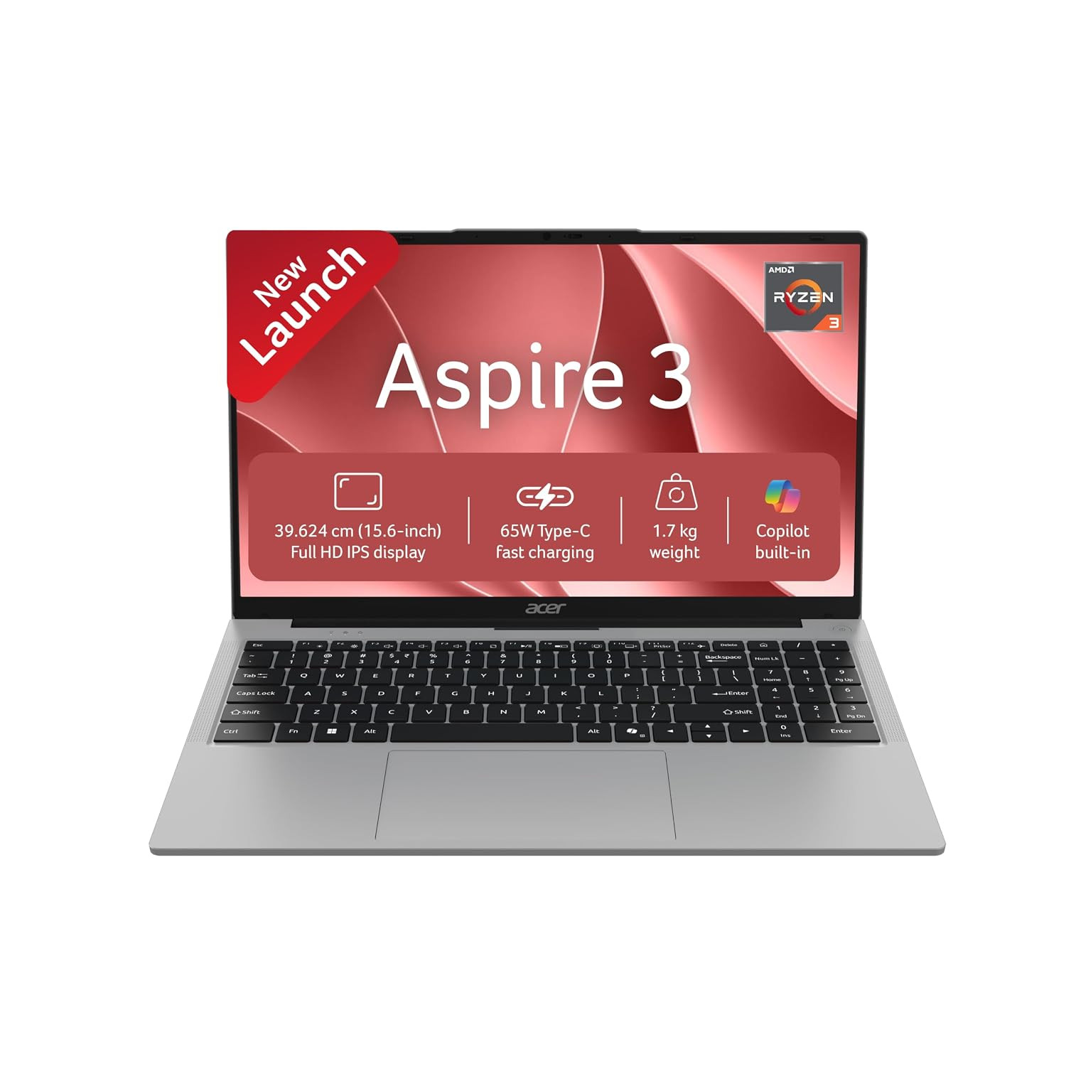 Acer Aspire 3AMD Ryzen 3 3200U 8GB DDR4 RAM256 SSD 3962 cm 156 FHD IPS Display Win 11Home Silver 17 Kg A325-39 BL Keyboard Thin Light Laptop - Image 1