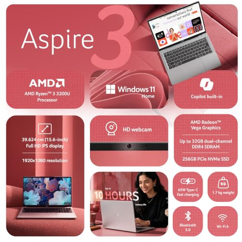 Acer Aspire 3AMD Ryzen 3 3200U 8GB DDR4 RAM256 SSD 3962 cm 156 FHD IPS Display Win 11Home Silver 17 Kg A325-39 BL Keyboard Thin  Light Laptop - Image 2