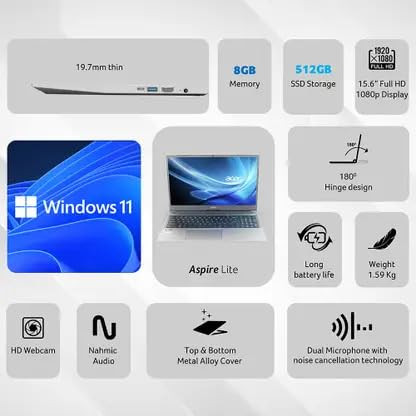Acer Aspire Lite 2026 AMD Ryzen 3 Quad Core 5300U - 8 GB512 GB SSDAMD Radeon GraphicsWindows 11 Home AL15-41 Thin and Light Laptop 156 Inch FHD IPS Steel Grey 15 KgMS Office 2024 - Image 2