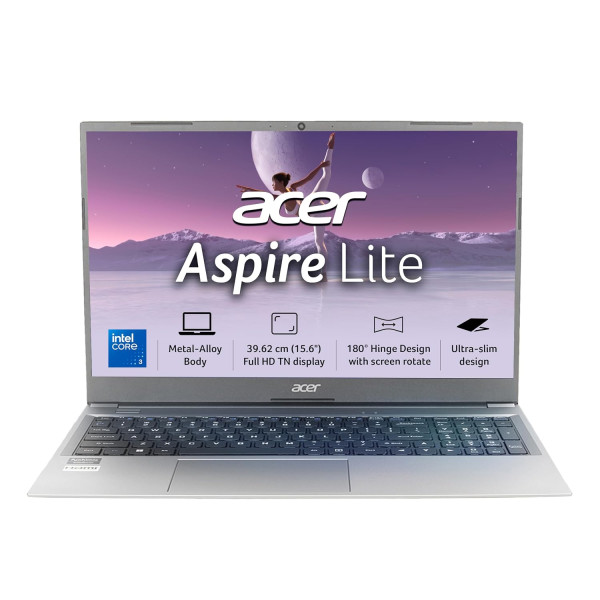 Image of Acer Aspire Lite, Intel Core 3-100U Processor, 8GB DDR4 RAM/512GB SSD, 39.62cm/15.6" FHD IPS Display, Win 11 Home, Steel Gray, 1.59 Kg,AL15-53, Thin &amp; Light Laptop