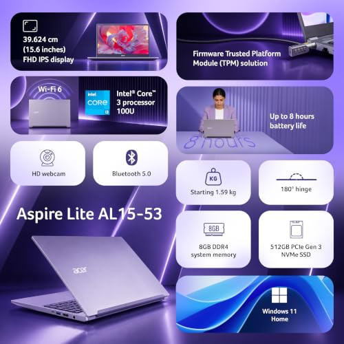 Acer Aspire Lite Intel Core 3-100U Processor 8GB DDR4 RAM512GB SSD 3962cm156 FHD IPS Display Win 11 Home Steel Gray 159 KgAL15-53 Thin  Light Laptop - Image 2