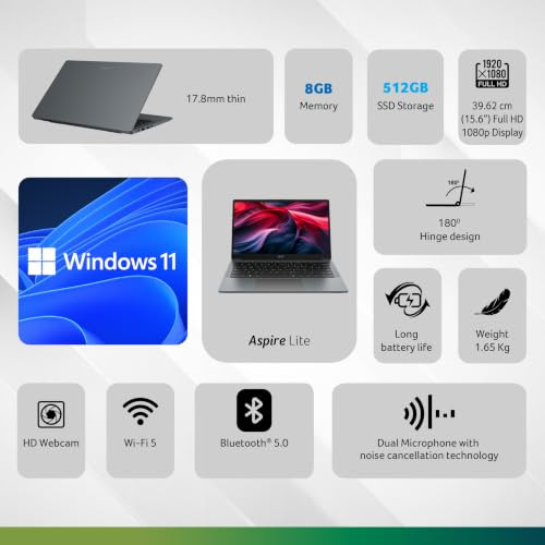 Acer Aspire Lite MetalAMD Ryzen 3 7330U 8 GB DDR4 RAM512 GB SSD 156 FHD IPS Display Win 11Home Steel Grey 165 Kg AL15-42 Backlit Keyboard Thin  Light Laptop - Image 2