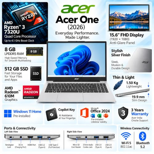 Acer One 15 2026 AMD Ryzen 3 Quad Core 7320U - 8 GB LPDDR5512 GB SSDAMD Radeon 610M GraphicsWindows 11 Home Thin and Light Laptop156 FHDSilverCopilot Key15 KgMSO 20243 Years Warranty - Image 2