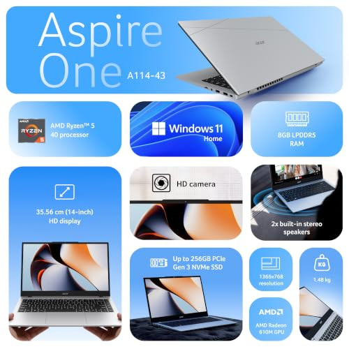 Acer Smartchoice Aspire One AMD Ryzen 5-40 8GB LPDDR5 RAM 256GB SSD 1403556cm WXGA Display Win 11 Home Pure Silver 148KG A114-43 Thin and Light Laptop - Image 2