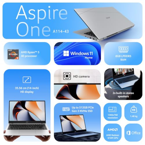 Acer Smartchoice Aspire One AMD Ryzen 5-40Office 2024  M365 Basic 8GB LPDDR5 RAM 512GB SSD 1403556cm WXGA Display Win 11 Home Pure Silver 148KG A114-43 Thin and Light Laptop - Image 2