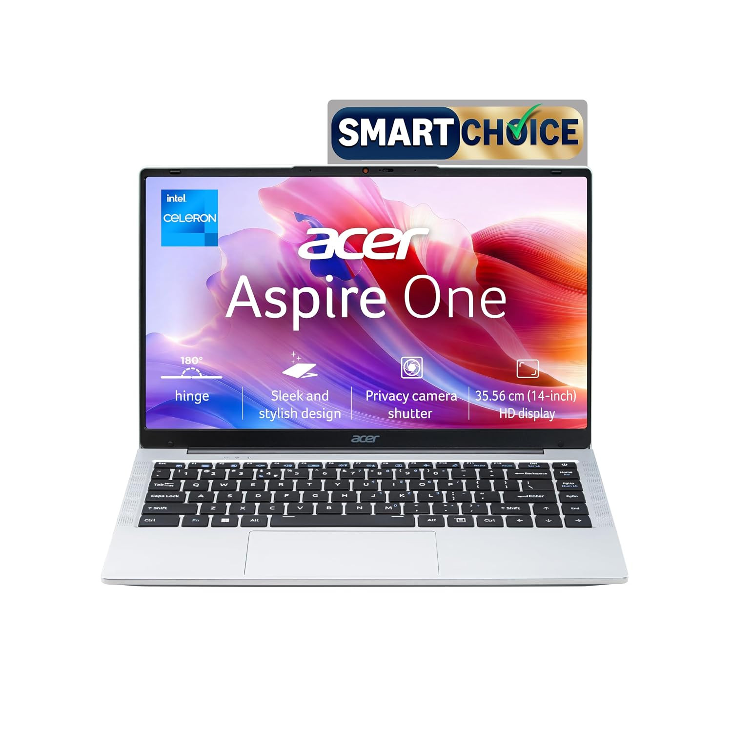 Acer Smartchoice Aspire One Intel Core Celeron N4500 8GB LPDDR4 RAM 256GB SSD 1403556cm WXGA Display Intel UHD Graphics Win 11 Home Pure Silver 13 Kg A114-45 Thin and Light Laptop - Image 1