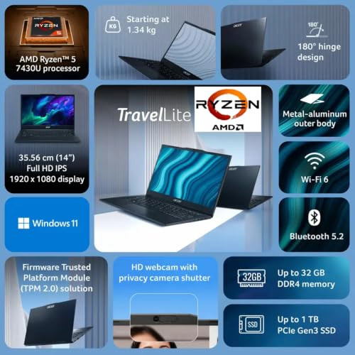 Acer Travel Lite 2026 AMD Ryzen 5 Hexa Core 7430U - 16 GB512 GB SSDAMD Radeon GraphicsWindows 11 Home TL04-41M Light Laptop140 FHD DisplayBlackMetal BodyCopilot Key134 KgMSO 2024 - Image 2