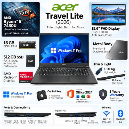 Acer Travel Lite 2026 AMD Ryzen 5 Hexa Core 7430U - 16 GB512 GB SSDAMD Radeon GraphicsWindows 11 Pro Thin  Light Laptop156 FHDBlackMetal BodyCopilot Key15 KgMSO 20243 Years Warranty - Image 2