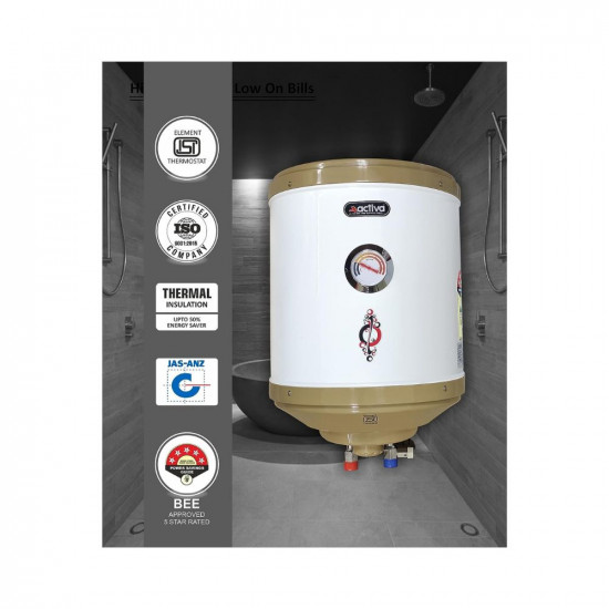 ACTIVA 25 LTR Storage 2 Kva Special Anti Rust Coating .75 MM Pure Stainless Steel Tank Geyser with Temperature Meter Abs Top Bottom Ivory with Free Installation Kit and adjustable outer thermostat 5 years warranty