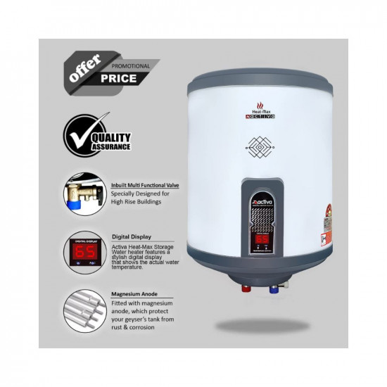Activa 25Ltr Storage (2kva) Special Anti Rust Coated Geyser Heat-Max (0.7 MM SS Tank) With Digital Display Suitable For High Rise Buildings Comes with 5 Years Warranty (25 Ltr)