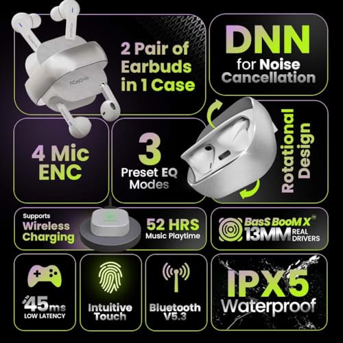ACwO DwOTS Fire Indias First in-Ear  Half-in-in Ear Earbuds in one case 33 EQ Modes Wireless Charging Enabled AI-ENC with Quad Mic Cosmic Silver