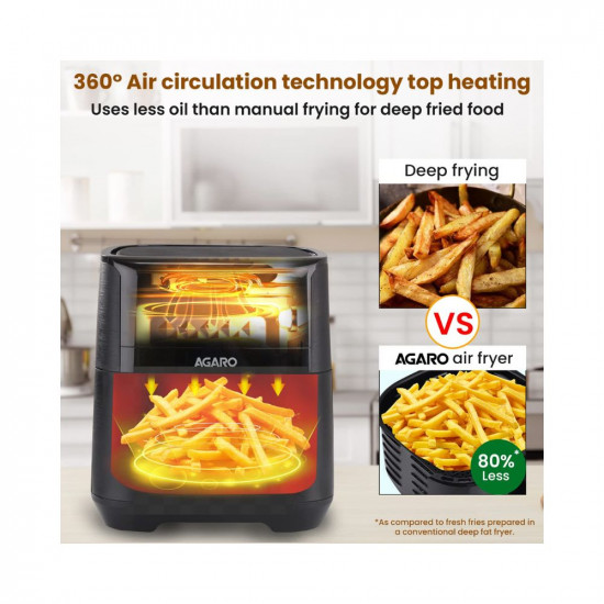 AGARO Elegant Air Fryer 65L 12 Preset Cooking Modes 360 Degrees Air Circulation With Variable Temperature Settings Stainless Steel Body 1800W Black