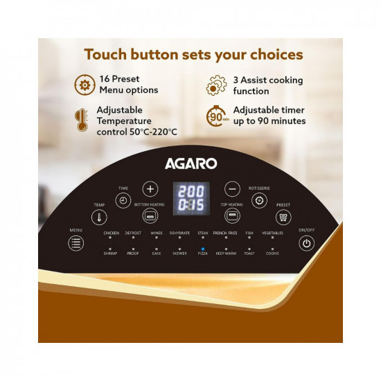 AGARO Elite Air Fryer For Home, 14.5L, Rotisserie Convection Oven, 1700W, Electric Oven, 16 Preset Menus, Digital Display, Touch Control, Bake, Roast, Toast, Defrost, Dehydrate, Keep Warm, Dark Grey