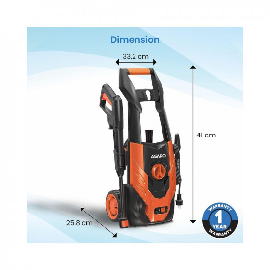 AGARO Grand High Pressure Washer, 1500 Watts, 110 Bars, 6.5L/Min Flow Rate, 5 Meters Outlet Hose,Upright Design with Wheel, for Car,Bike and Home Cleaning Purpose, Free Turbo Nozzle, Black and Orange