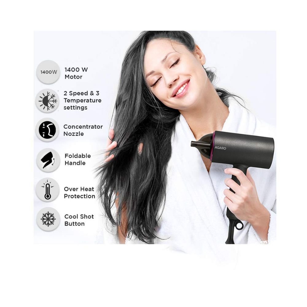 AGARO HD-1214 Premium Hair Dryer with 1400 Watts Motor, 3 Temperature Settings & Cool Shot AGARO HD-1214 Premium Hair Dryer with 1400 Watts Motor, 3 Temperature Settings & Cool Shot