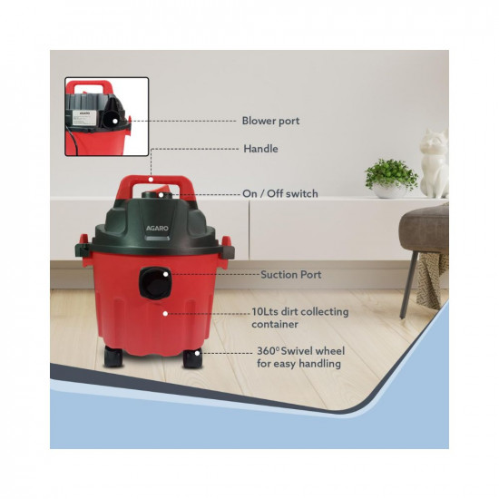 AGARO Rapid Vacuum Cleaner,1000W,Wet&Dry,for Home Use,Blower Function,10L Tank Capacity,16.5 Kpa Suction Power,Plastic Body,Red,10 Liter,Cartridge