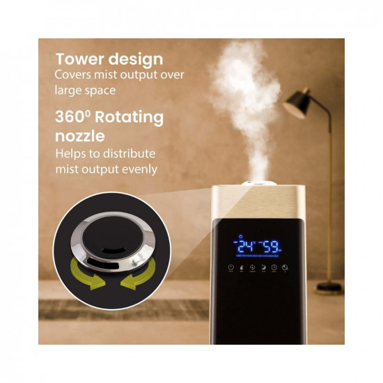 AGARO Royal Cool Mist Top Fill Ultrasonic Humidifier, For Bedroom, Home, Office, Multifunction Touch Panel With Led Diplay And Remote, 360° Nozzle, Super Quiet, Auto Shut Off(Black), 8 liter