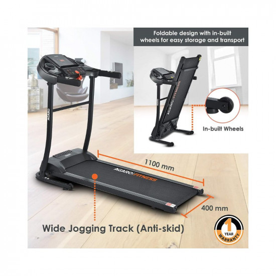 AGARO Spark Motorized 1.5 Hp Folding Treadmill with 100 Kgs Max User Weight, 12 Automatic Workout Programs with Built-in Speakers (Peak 3.0 Hp, Black)