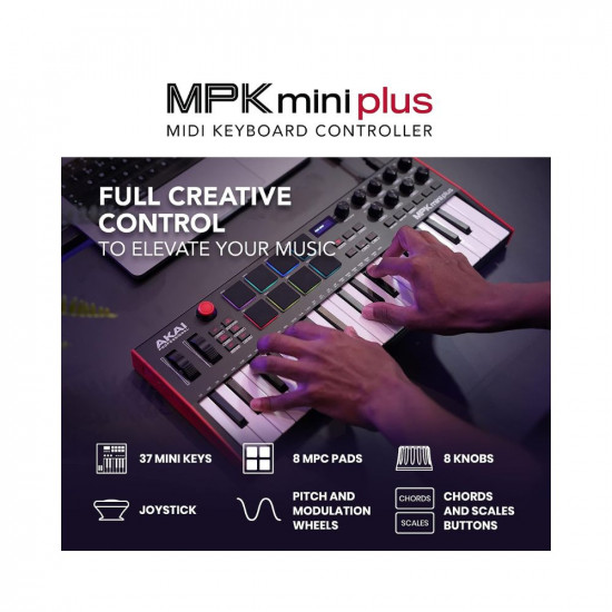 AKAI Professional MPK Mini Plus - USB MIDI Keyboard Controller with 37 Mini Keys, 8 MPC Pads, Sequencer, MIDI/CV/Gate I/O, Music Production Software