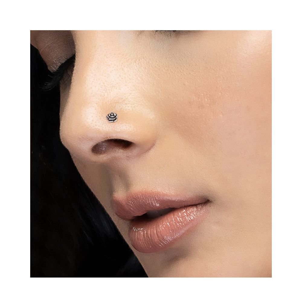 AKSA Rose Silver Wired Nose Pin For Girls And Women 925 Pure Silver
