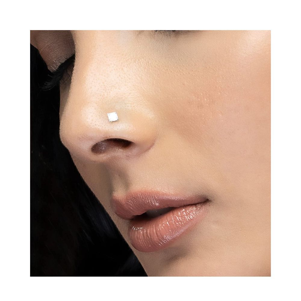 AKSA Square Silver Wired Nose Pin For Girls And Women 925 Pure Silver | Certificate of Authenticity for Silver