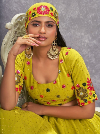 Alluring Fluorescent Green Embroidered Georgette Lehenga Choli