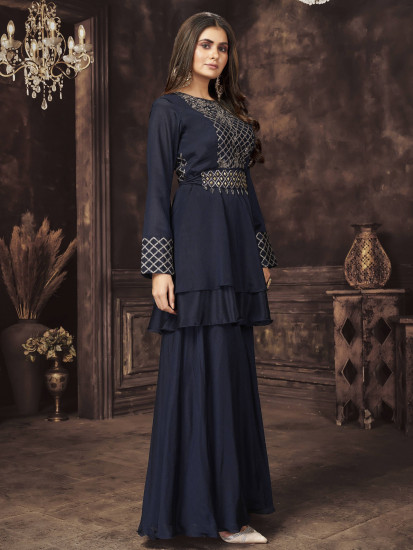 Alluring Navy Blue Embroidered Chinnon Ready Made Sharara Suit
