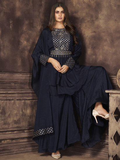 Alluring Navy Blue Embroidered Chinnon Ready Made Sharara Suit