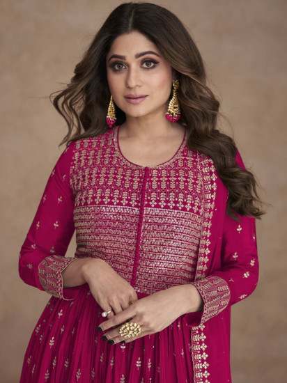 Alluring Pink Zari Embroidred Georgette Festival Wear Palazzo Suit
