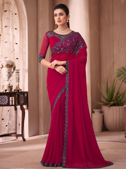 Alluring Red Sequined Georgette Party Wear Saree With Blouse(Un-Stitched)