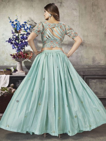 Alluring Sea Green Sequined Silk Ready-To-Wear Crop-Top Lehenga
Semi Stitched